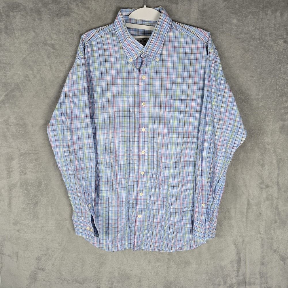 Peter Millar Mens Large Blue Pink Plaid Cotton Button Down Long Sleeve Shirt